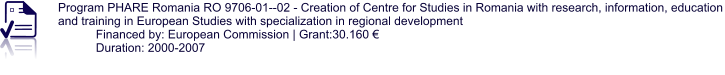 Program PHARE Romania RO 9706-01--02 - Creation of Centre for Studies in Romania with research, information, education and training in European Studies with specialization in regional development Financed by: European Commission | Grant:30.160 € Duration: 2000-2007