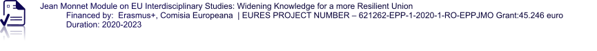 Jean Monnet Module on EU Interdisciplinary Studies: Widening Knowledge for a more Resilient Union Financed by:  Erasmus+, Comisia Europeana  | EURES PROJECT NUMBER – 621262-EPP-1-2020-1-RO-EPPJMO Grant:45.246 euro Duration: 2020-2023