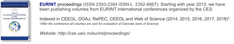EURINT proceedings (ISSN 2393-2384 ISSN-L  2392-8867): Starting with year 2013, we have been publishing volumes from EURINT international conferences organized by the CES.   Indexed in CEEOL, DOAJ, RePEC, CEEOL and Web of Science (2014, 2015, 2016, 2017, 2018)*.  *After the conference all volumes are sent for evaluation at Clarivate (web of Science)  Website: http://cse.uaic.ro/eurint/proceedings/