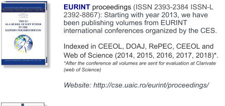 EURINT proceedings (ISSN 2393-2384 ISSN-L  2392-8867): Starting with year 2013, we have been publishing volumes from EURINT international conferences organized by the CES.   Indexed in CEEOL, DOAJ, RePEC, CEEOL and Web of Science (2014, 2015, 2016, 2017, 2018)*.  *After the conference all volumes are sent for evaluation at Clarivate (web of Science)  Website: http://cse.uaic.ro/eurint/proceedings/